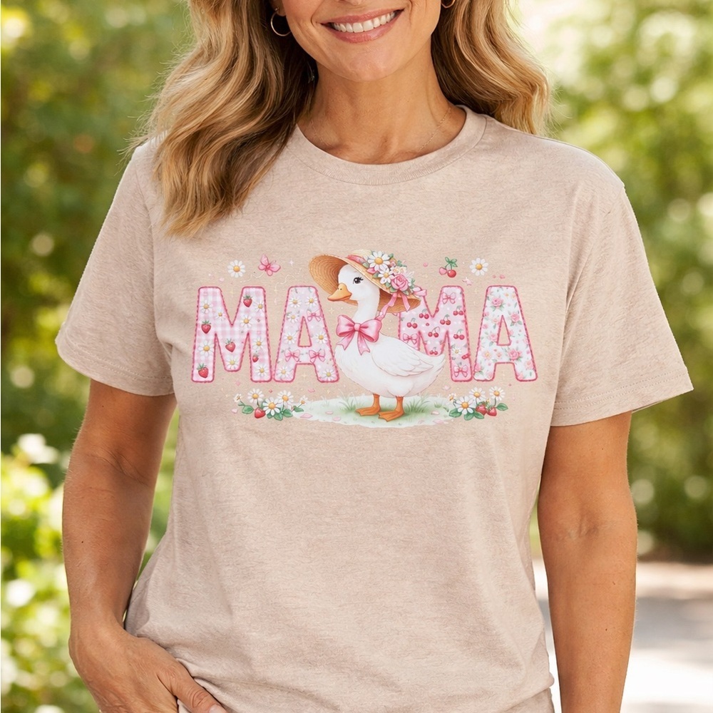Mama Duck Graphic Tee - Pink & Cream
